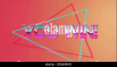 Displaying bold 'YOU WIN!' text glowing on synthwave warm coral-peach gradient, neon triangles Stock Photo