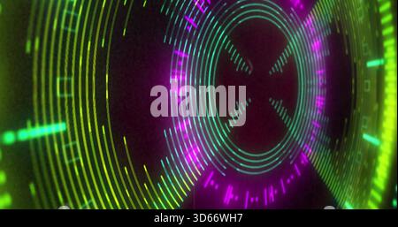 Rotating neon circular HUD centered against dark void, displaying concentric rings and pulses Stock Photo