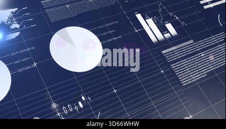 Displaying large pale pie chart left of center on dark-blue dashboard, showing bar and candlesticks Stock Photo