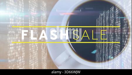 Displaying white cup filled with black coffee on light wood tabletop, with FLASH SALE code overlay Stock Photo