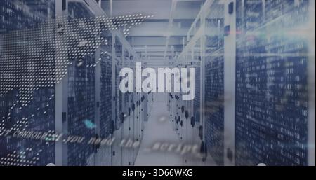 Displaying central server corridor in data center, with glass cabinets and streaming binary overlay Stock Photo