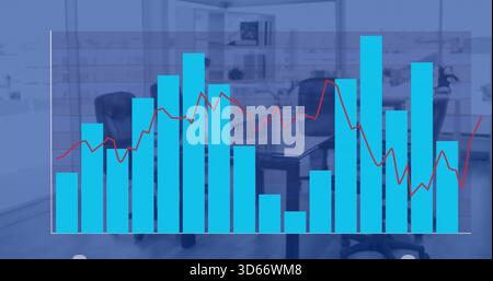 Displaying semi-transparent cyan bar chart, red line and grid in meeting room over table and chairs Stock Photo