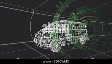 Rendering 3D wireframe van model in studio showing converging grid floor, neon segmented HUD rings Stock Photo