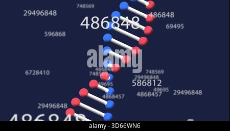 Rotating stylized DNA helix moving diagonally on navy field, with floating numeric labels and blur Stock Photo