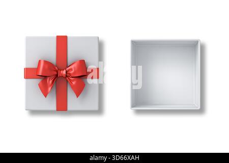 Top view of white present lid with red ribbon bow and empty gift box isolated on white background with shadows 3D rendering Stock Photo