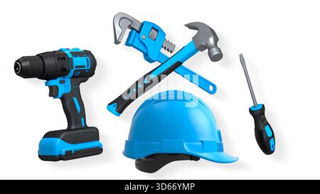 Various construction tools including wrench, hammer, pliers, and helmet isolated on white background with clipping path, concept of building work Stock Photo