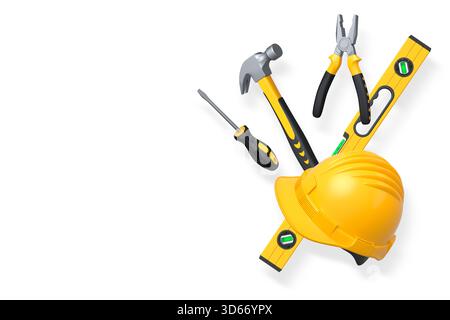 Various construction tools including wrench, hammer, pliers, and helmet isolated on white background with clipping path, concept of building work Stock Photo