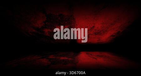 Studio or stage space with reflective floor and wall rendered in deep, blood-red and black grunge texture. Perspective suggests corner or room where t Stock Photo