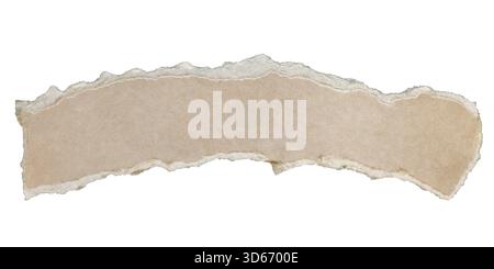 Long, horizontal strip of light brown or beige paper with rough, unevenly hand-torn edges. Strip is isolated on white background, revealing layered fi Stock Photo