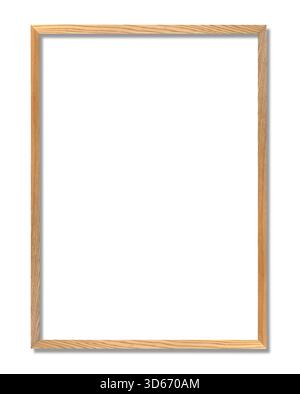 Light brown, natural wood picture frame with thin profile, set against pure white background. Soft, natural-looking shadow is cast beneath  bottom and Stock Photo