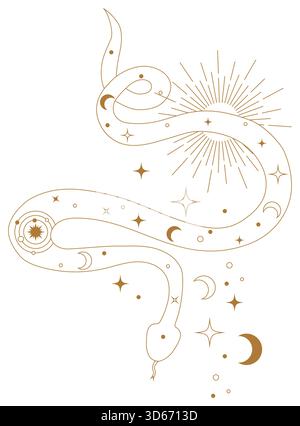 Esoteric geometric snake tattoo vector inspired by Kundalini energy and spiritual awakening. Line art composition of mystical symmetry enlightenment Stock Vector