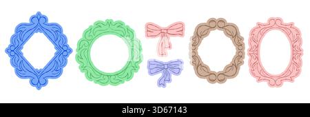 Set of colorful abstract princess frames and retro mirrors. Vintage photo borders and decorative shapes in pastel tones. Modern flat vector Stock Vector