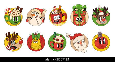 Groovy retro xmas circle sticker set with funny Christmas cartoon characters - Santa Claus and reindeer, snowman and hot cocoa mug, wrapped gift box. Playful holiday festive patch collection. Stock Vector