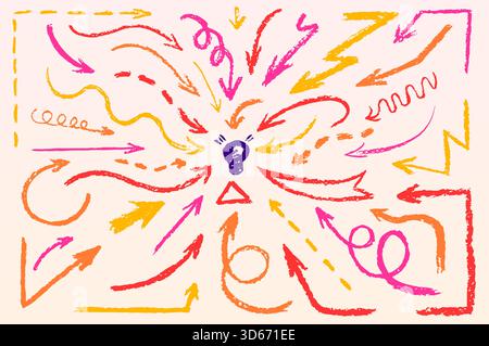 Hand drawn crayon arrows pointing at light bulb in center on beige background. Vector realistic illustration of color chalk pattern with different direction signs, business strategy idea concept Stock Vector