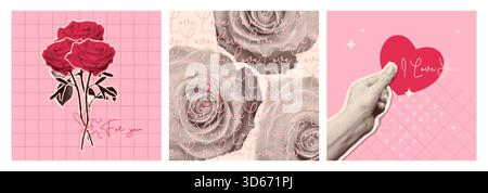 Halftone Valentine day collage in soft pink colors - romantic vintage paper cutouts of roses, flower bouquet and hand holding heart. Love themed social media graphics with retro photocopy texture. Stock Vector