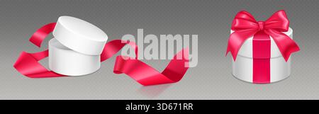 Round white gift box mockup with pink ribbon and bow in 3d cylinder shape. Open and closed present container with flowing silk tape on transparent bg isolated for celebration packaging design. Stock Vector