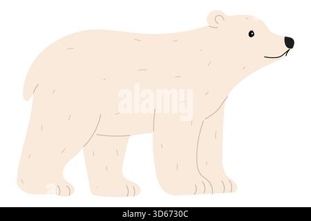 A polar bear stands happily with a gentle smile in a minimalistic design. Its soft white fur is highlighted against a plain background, creating a che Stock Vector