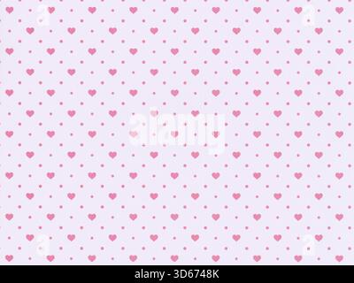 Pink hearts are evenly distributed on a light background, interspersed with smaller dots. The design is simple and repetitive. Suitable as background Stock Photo
