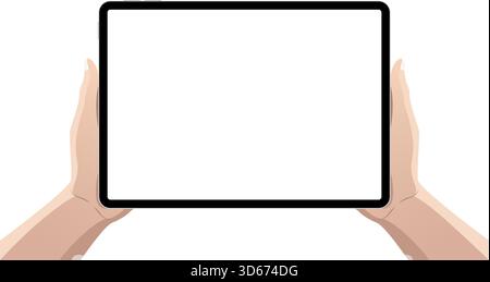 Person using tablet pc in hands, cartoon style mockup template with blank screen. Vector illustration Stock Vector