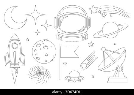 Outline illustrations of various cosmic elements, including planets, stars, rockets, and an astronaut helmet Perfect for coloring books or educational Stock Vector