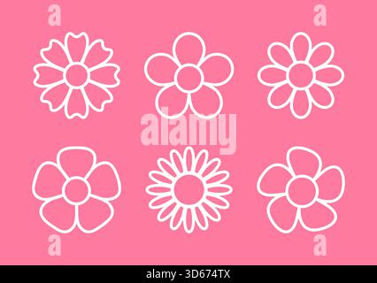 Cute outline style flower icons on a pink background. Vector illustration Stock Vector