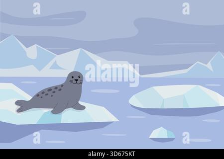 A cheerful gray seal rests on an iceberg in a cold ocean scene. The icy surroundings feature floating ice shapes under a cloudy sky, creating a serene Stock Vector