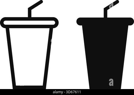 Milkshake juice beverage, plastic glasses cup with straw icons in outline style. Vector illustration Stock Vector