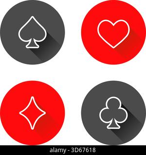 Playing cards red and black, round symbol icons with shadow on white background. Vector illustration Stock Vector