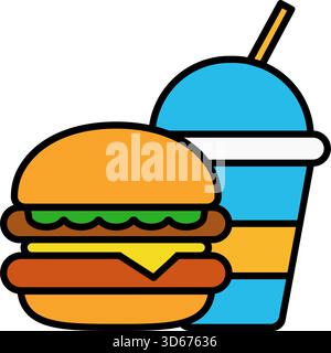Milkshake cup and burger, colorful outline style Icon. Vector illustration Stock Vector