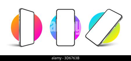 Realistic smartphone devices blank display mockup set with round gradient. Mobile phone template Vector illustration Stock Vector