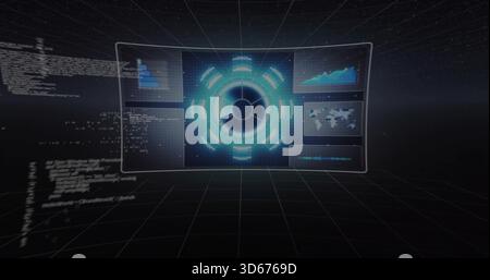 Projecting curved clear console showing central glowing hub data panels code streams in virtual lab Stock Photo