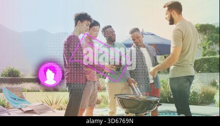 Grilling man on right using tongs at kettle grill poolside, friends in casual wear holding bottle Stock Photo