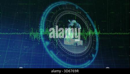 Animating circular HUD with translucent globe and pound symbol on blue grid plane, pulsing waveform Stock Photo