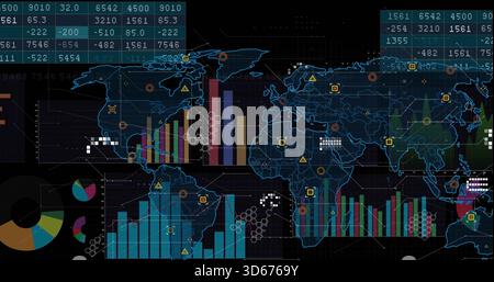 Displaying stylized world map on dark dashboard, showing multi-colored bars, pie segments, heatmap Stock Photo