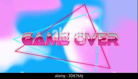 Displaying large metallic pink GAME OVER text centered in synthwave artwork, with neon triangles Stock Photo