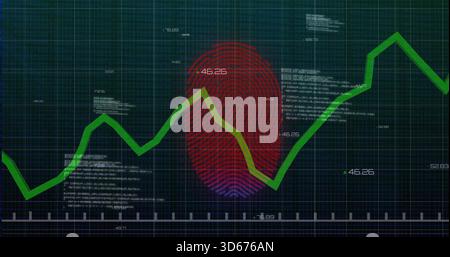 Displaying green line graph spanning teal grid, showing red-purple fingerprint, numeric labels Stock Photo