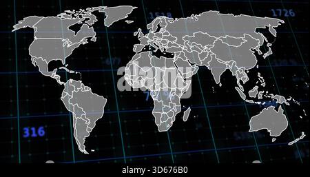 Displaying stylized world map with white outlines on digital dashboard showing blue grid, numerals Stock Photo