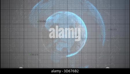 Displaying holographic globe pulsing in cyan on gray grid background, with numeric labels and arcs Stock Photo