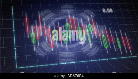 Displaying candlestick bars with white wicks, neon grid, axes and HUD on trading dashboard 0 Stock Photo