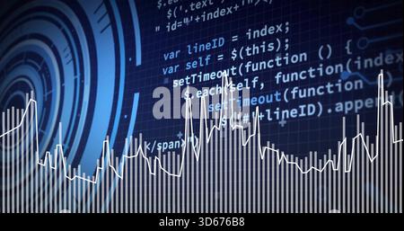 Displaying white vertical bars and jagged waveform with radar on dark blue grid and code Stock Photo