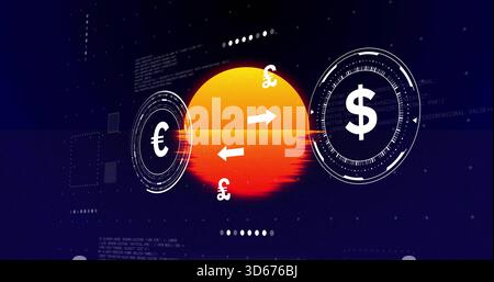 Pulsing central orange orb animating in digital finance HUD, showing currency icons and arrows Stock Photo