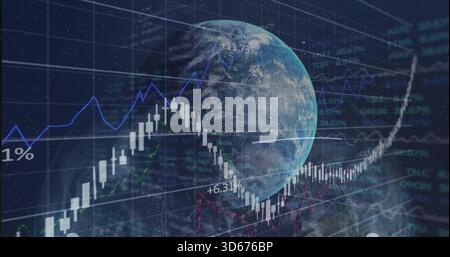 Displaying Earth globe overlaying candlestick charts and line graphs in dark market space +11 Stock Photo