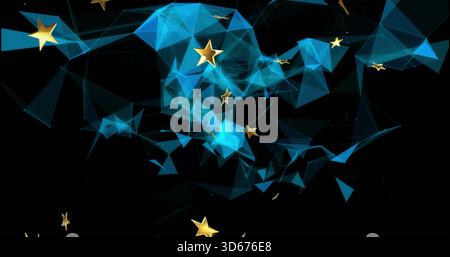 Flowing translucent blue polygonal mesh forming 3D ribbon in black void, with golden stars Stock Photo