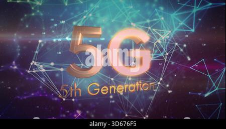 Shining metallic gold 5G and 5th Generation subtitle hovering in cyberspace, showing glowing nodes Stock Photo