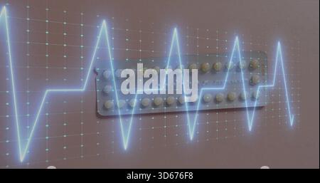 Displaying foil blister pack with tablets lying on pink-beige surface, showing ECG waveform overlay Stock Photo