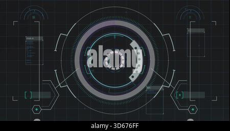 Displaying central HUD element pulsing on dark grid canvas, with rings and connector traces Stock Photo