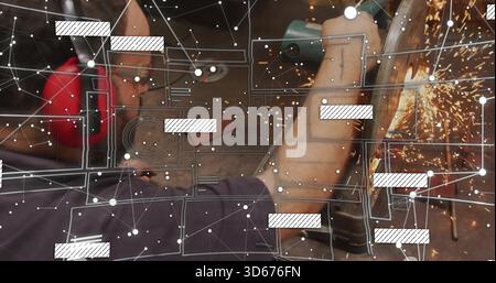 Grinding man using grinder in workshop with overlay, sparks flying wearing red muffs and glasses Stock Photo