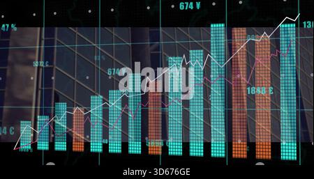 Displaying finance chart overlaying glass facade, showing tiled bar or line charts, Â¥Â£â‚¬ labels, grid Stock Photo