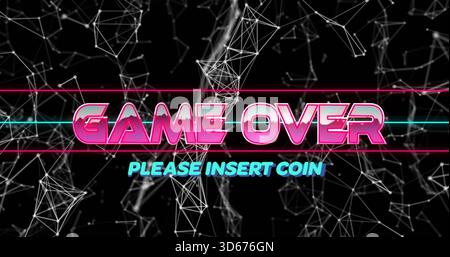 Flashing centered retro arcade screen displaying GAME OVER and PLEASE INSERT COIN, neon bars Stock Photo