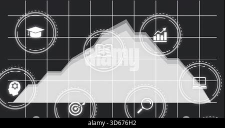 Displaying central light-gray area chart spanning center on dark grid, showing dotted icon badges Stock Photo